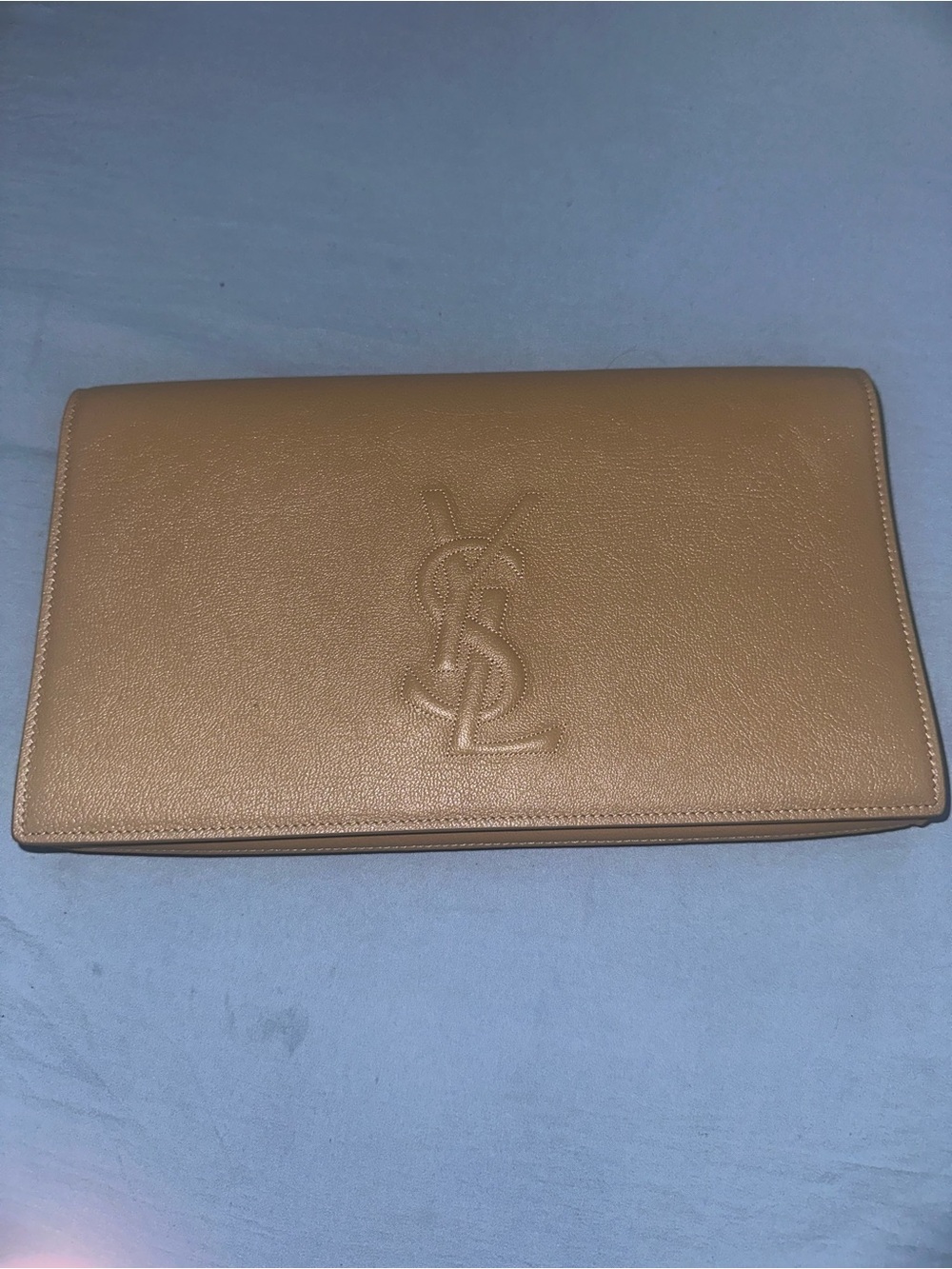 Saint Laurent Beige Leather YSL Embossed Envelope Wallet